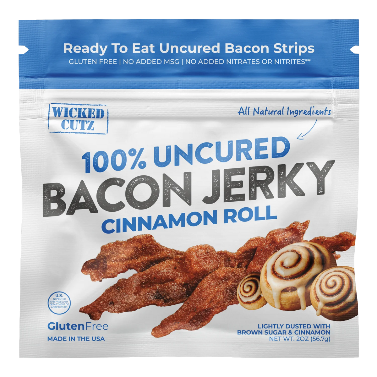 Wicked Cutz Cinnamon Roll Bacon Jerky bag front, blue and white, with a printed photo of bacon strips and iced cinnamon rolls