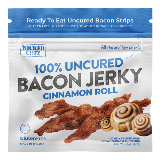Wicked Cutz Cinnamon Roll Bacon Jerky bag front, blue and white, with a printed photo of bacon strips and iced cinnamon rolls
