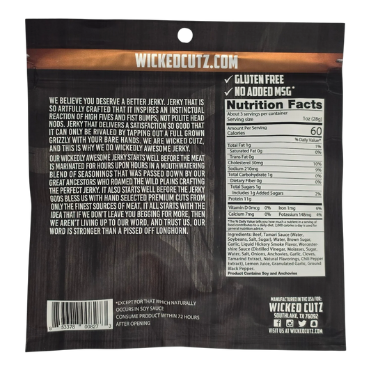 Wicked Cutz Chop House Style Beef Jerky back of bag with nutrition facts, ingredients, gluten free and no added MSG claims