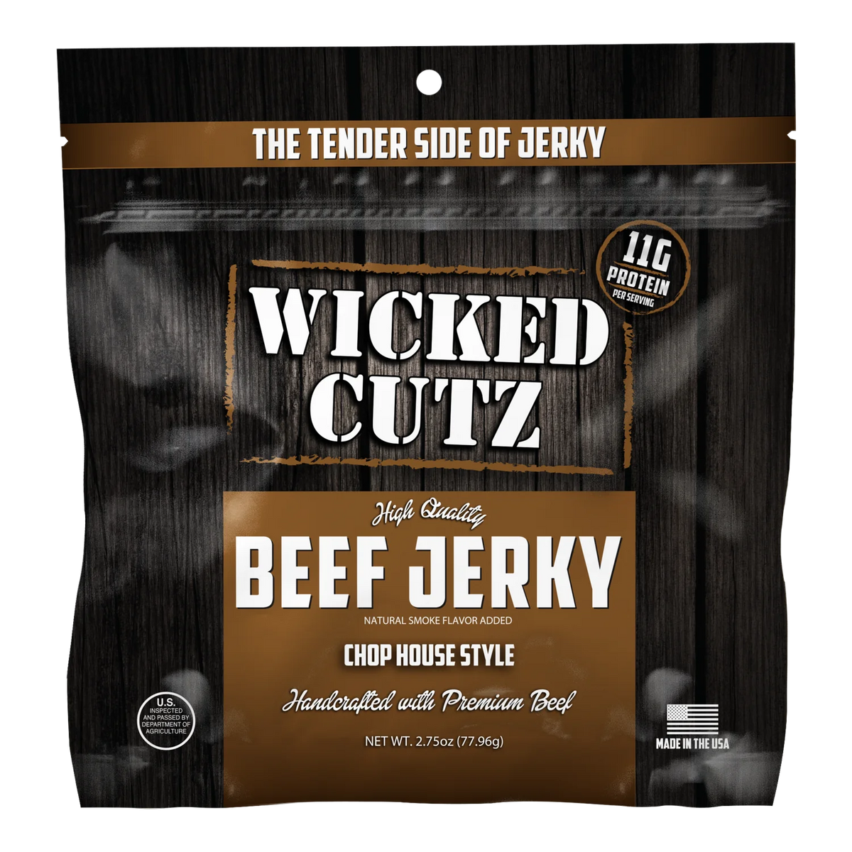 Wicked Cutz Chop House Style Beef Jerky front of bag with 11g protein badge, USDA seal and Made in the USA flag, no window