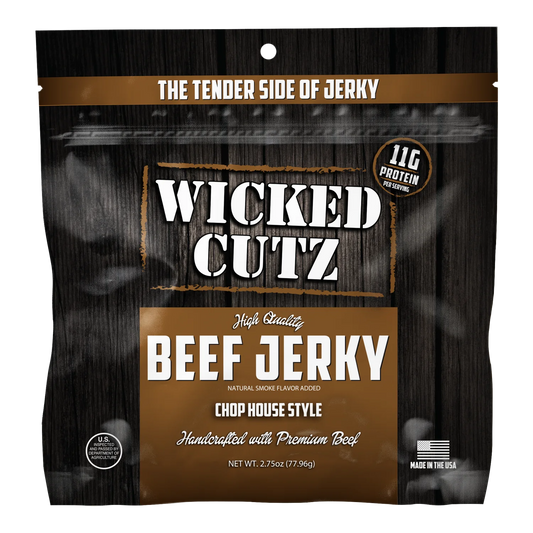 Wicked Cutz Chop House Style Beef Jerky front of bag with 11g protein badge, USDA seal and Made in the USA flag, no window