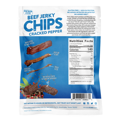 Back of Wicked Cutz Cracked Pepper Beef Jerky Chips bag with nutrition facts, four ingredients and gluten free claim