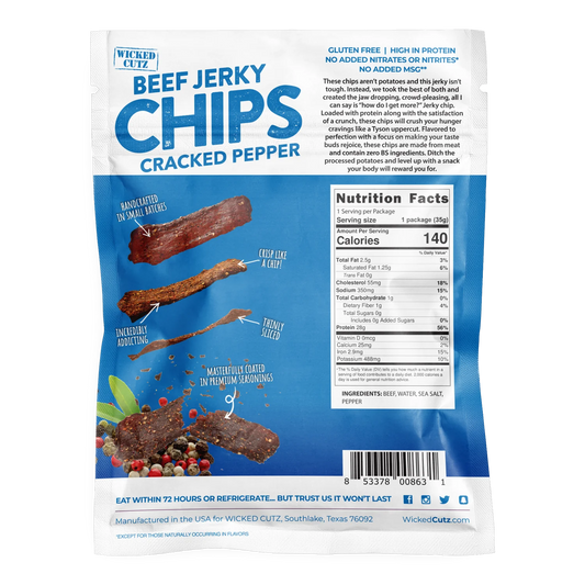 Back of Wicked Cutz Cracked Pepper Beef Jerky Chips bag with nutrition facts, four ingredients and gluten free claim