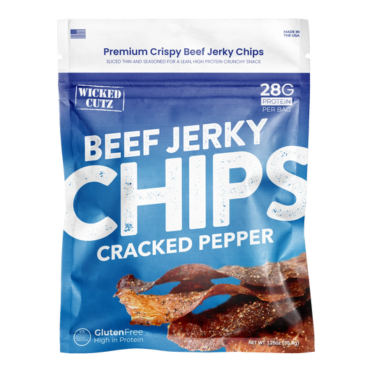 Front of Wicked Cutz Cracked Pepper Beef Jerky Chips bag, blue with a printed photo of thin peppered chips, no window