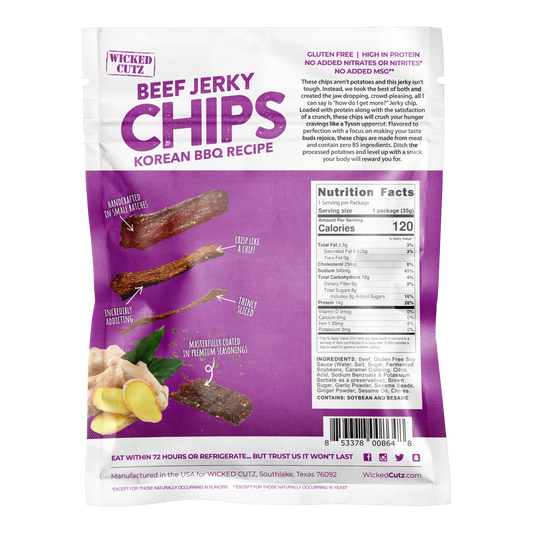 Wicked Cutz Korean BBQ Recipe Beef Jerky Chips back of bag with nutrition facts, ingredient list and ginger illustration