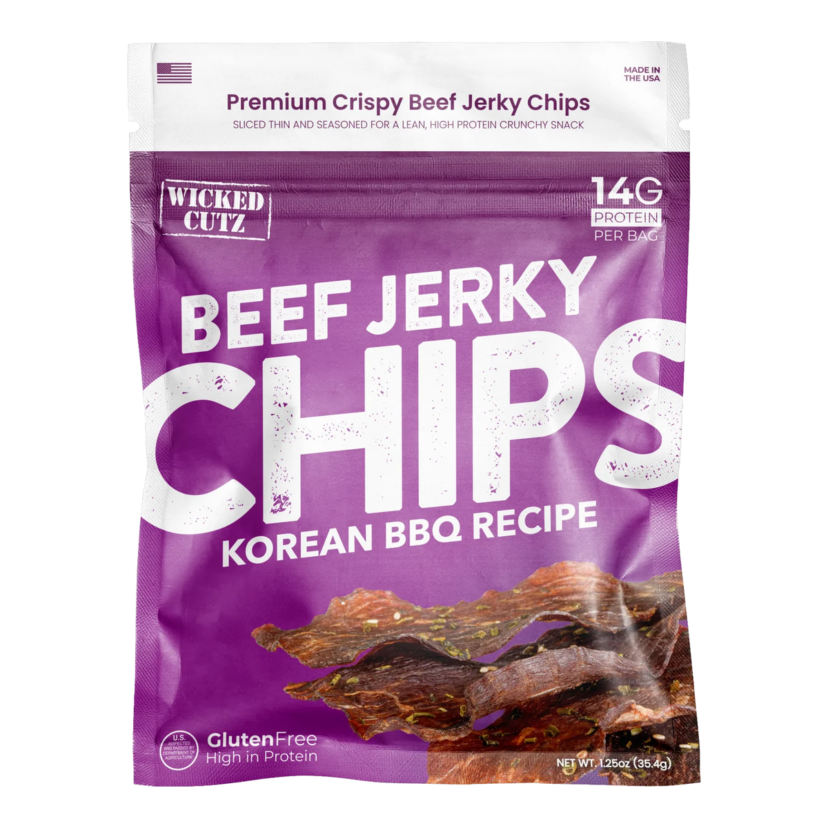 Wicked Cutz Korean BBQ Recipe Beef Jerky Chips front of bag with photo of thin sesame-coated jerky chips, no window