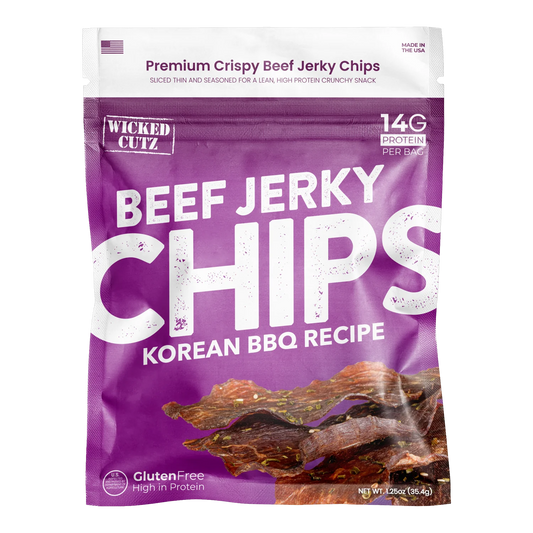Wicked Cutz Korean BBQ Recipe Beef Jerky Chips front of bag with photo of thin sesame-coated jerky chips, no window
