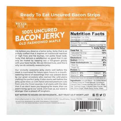 Wicked Cutz Old Fashioned Maple Bacon Jerky bag back with nutrition facts, ingredient list and brand story