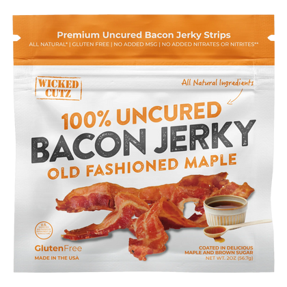 Wicked Cutz Old Fashioned Maple 100% Uncured Bacon Jerky bag front with photo of bacon strips and a cup of maple syrup