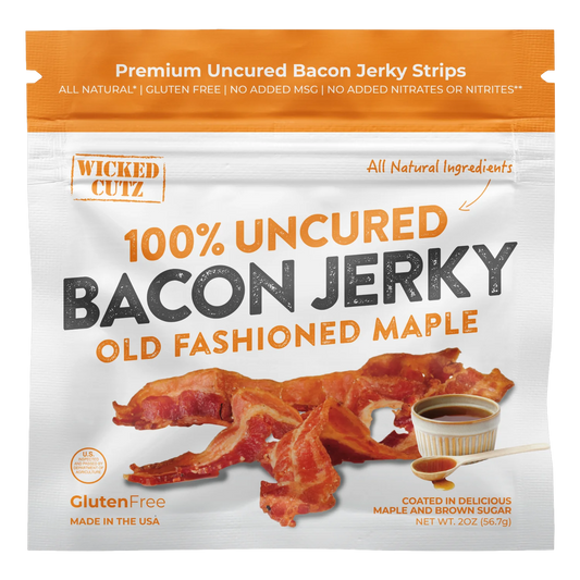 Wicked Cutz Old Fashioned Maple 100% Uncured Bacon Jerky bag front with photo of bacon strips and a cup of maple syrup