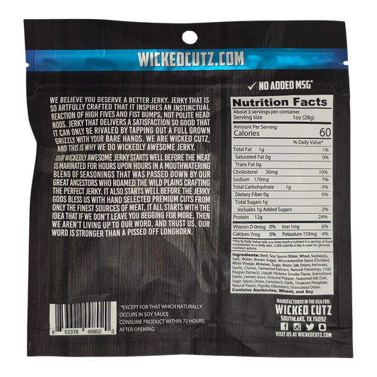 Wicked Cutz Original Peppered Beef Jerky back label with nutrition facts, ingredients, allergens and No Added MSG claim