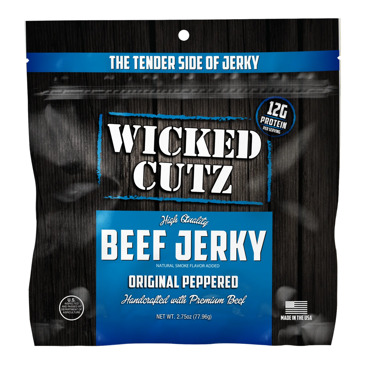 Wicked Cutz Original Peppered Beef Jerky front bag, black wood grain with blue panel; no window, made in the USA badge