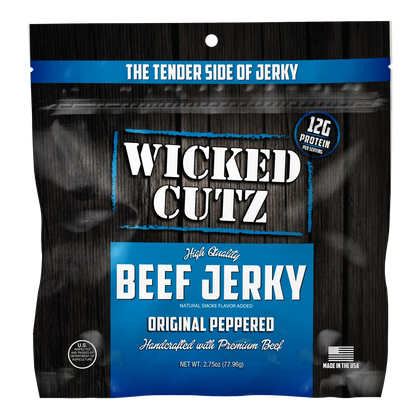 Wicked Cutz Original Peppered Beef Jerky front bag, black wood grain with blue panel; no window, made in the USA badge