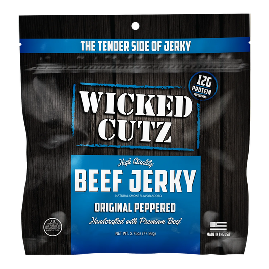 Wicked Cutz Original Peppered Beef Jerky front bag, black wood grain with blue panel; no window, made in the USA badge