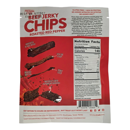 Back of Wicked Cutz Roasted Red Pepper Beef Jerky Chips bag with nutrition facts, ingredients and allergen statement