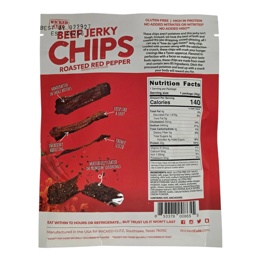 Back of Wicked Cutz Roasted Red Pepper Beef Jerky Chips bag with nutrition facts, ingredients and allergen statement