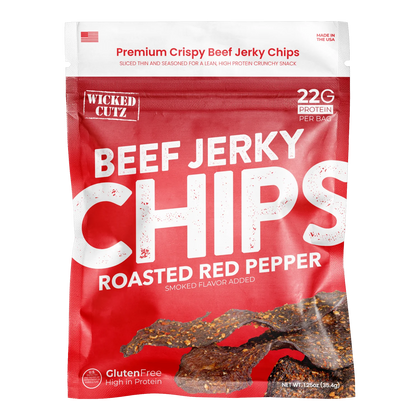 Wicked Cutz Roasted Red Pepper Beef Jerky Chips bag, red, with a printed photo of thin, flat seasoned chips on the front