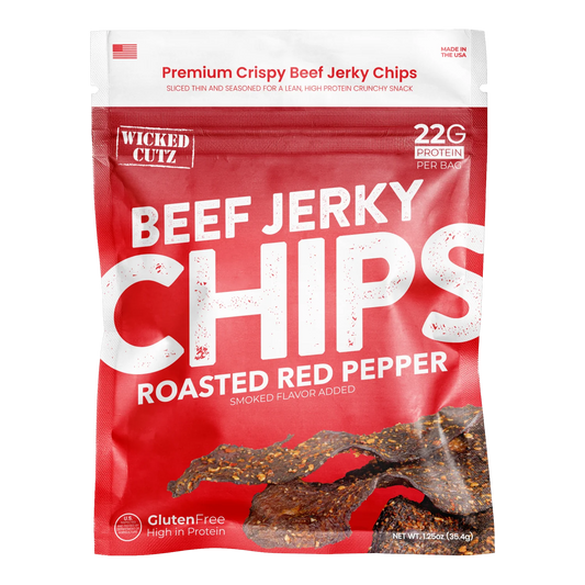 Wicked Cutz Roasted Red Pepper Beef Jerky Chips bag, red, with a printed photo of thin, flat seasoned chips on the front