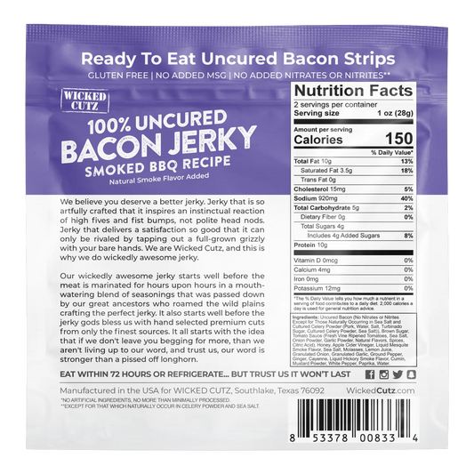 Wicked Cutz Smoked BBQ Recipe Bacon Jerky back of bag with brand story, nutrition facts, ingredient list and barcode