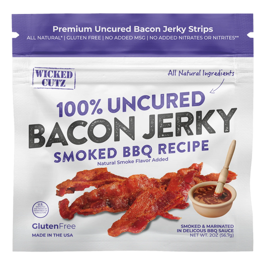 Wicked Cutz Smoked BBQ Recipe Bacon Jerky front of bag, purple and white, with bacon strips beside a bowl of BBQ sauce