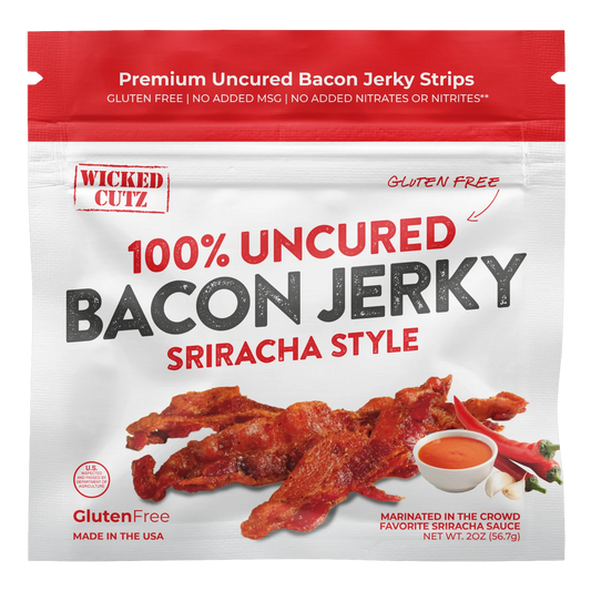 Wicked Cutz Sriracha Style Bacon Jerky front of bag with photo of uncured bacon jerky strips, sriracha and chili peppers