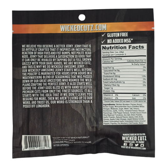 Wicked Cutz Sweet & Savory Chicken Jerky back of bag: brand story, Nutrition Facts, ingredients, gluten free, no added MSG