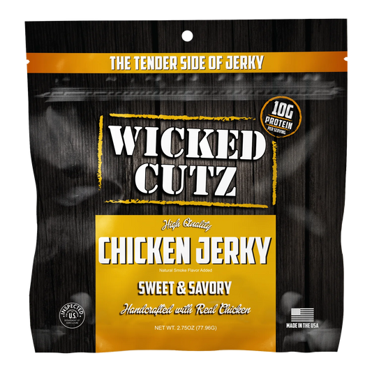 Wicked Cutz Sweet & Savory Chicken Jerky front of bag: dark wood design, yellow label, 10g protein badge, Made in the USA