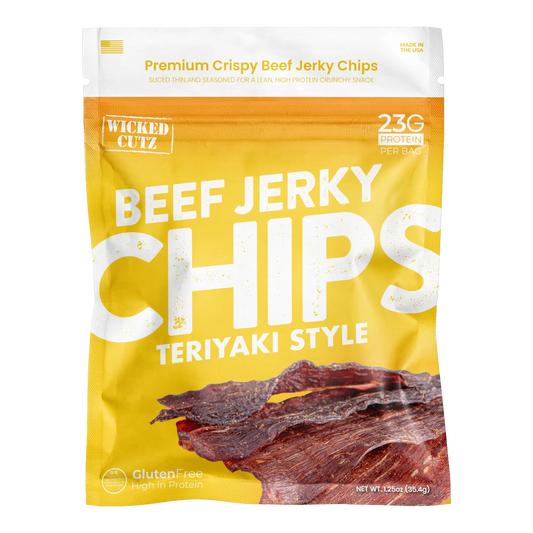 Wicked Cutz Beef Jerky Chips Teriyaki Style front of yellow bag with photo of thin dark beef jerky chips, no window