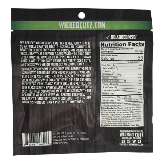 Wicked Cutz Volcanic Jalapeño beef jerky back with Nutrition Facts, ingredients, No Added MSG check and allergen line