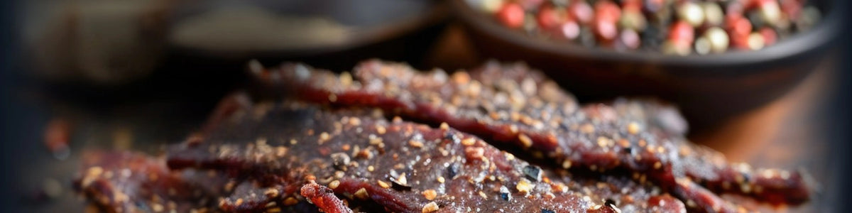 Dried beef jerky with spices on a dark surface